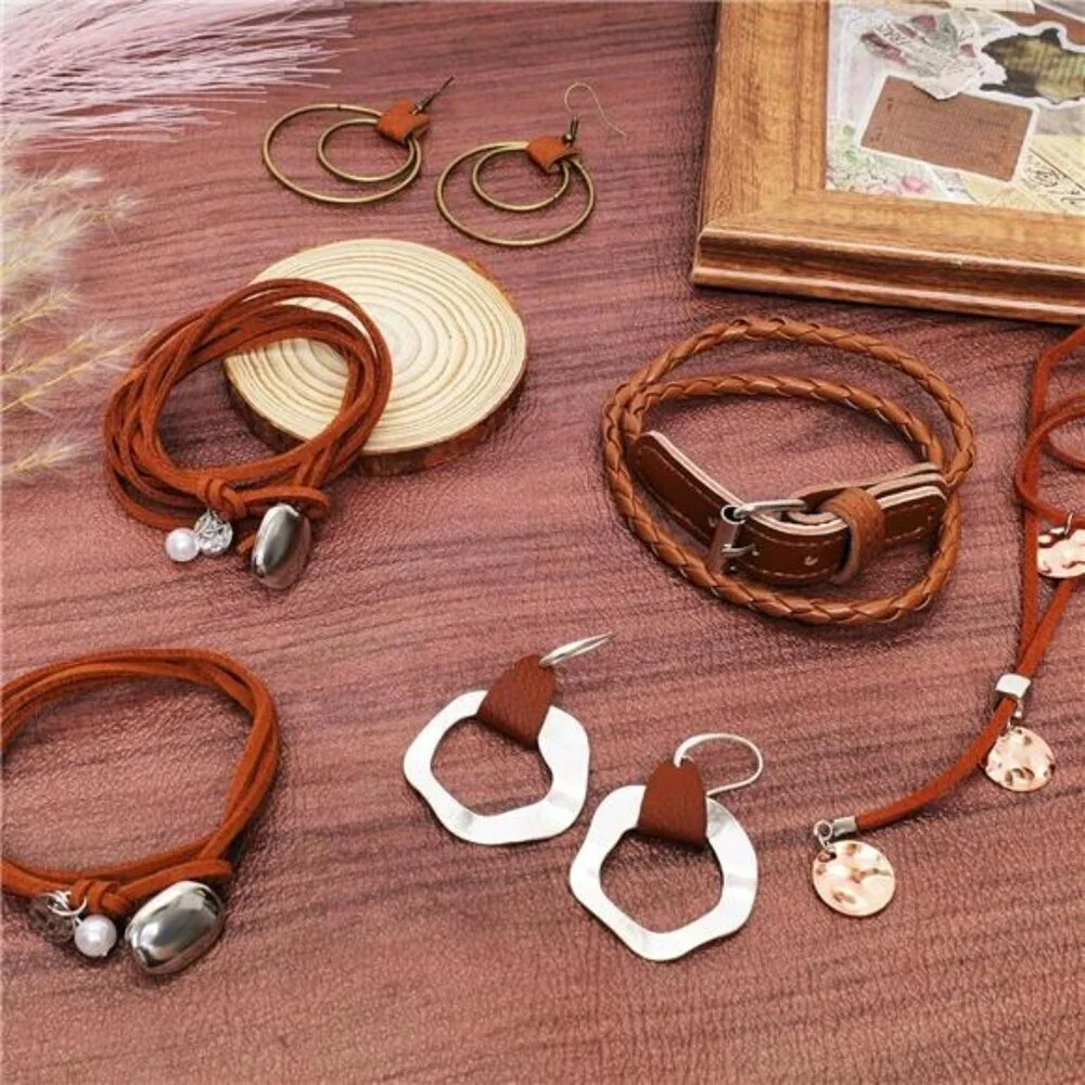 Western-Inspired 6 Pc Jewelry Set–Brown Suede Like Bohemian Cowgirl Chic